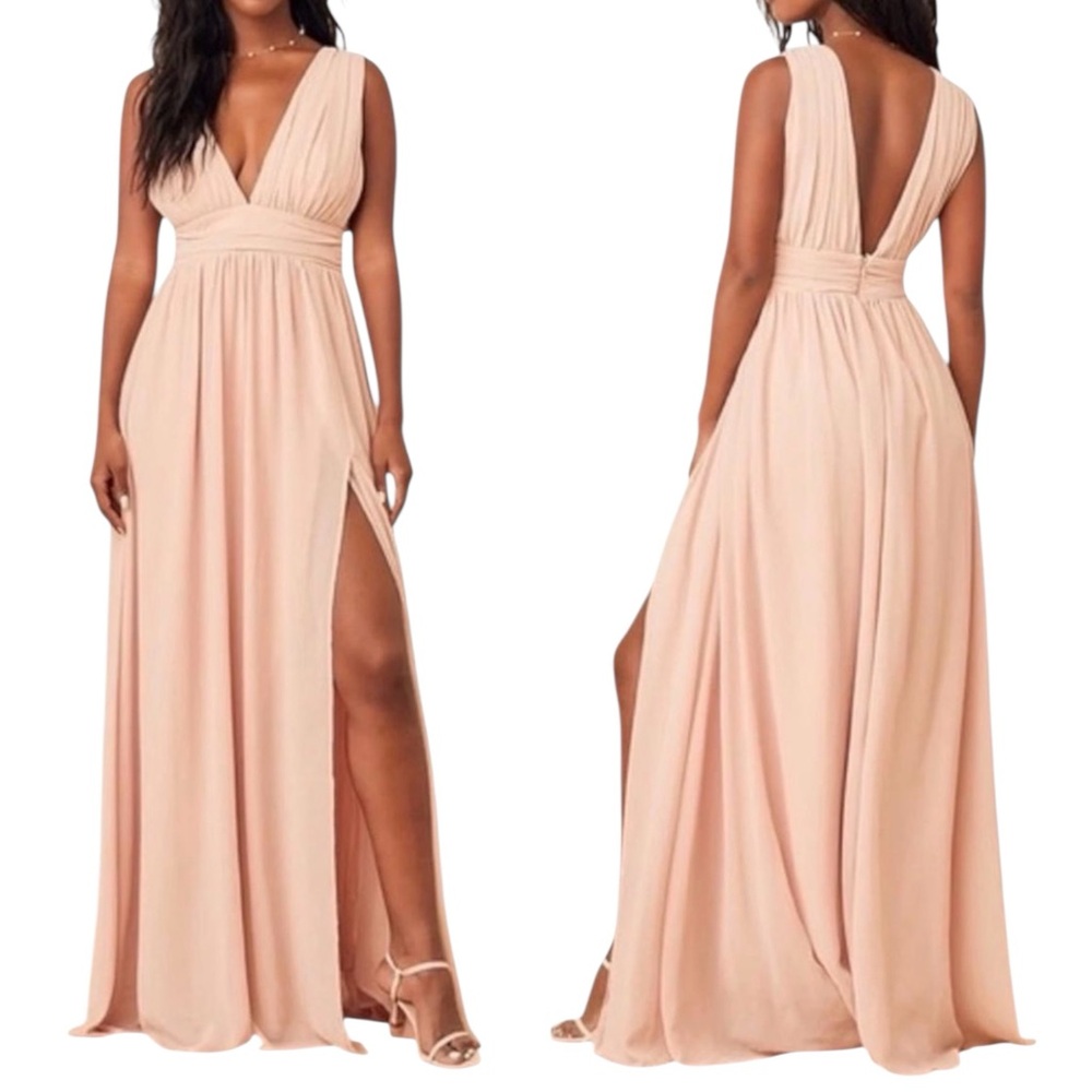 NWOT Lulus Heavenly Hues Nude Peach Chiffon Maxi Gown Dress $99 Retail Size L